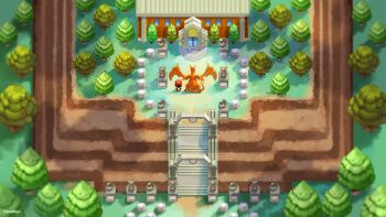 1boy backpack bag black_hair blurry building charizard claws commentary commission danielbogni dragon dragon_wings english_commentary fire flame-tipped_tail from_behind full_body gen_1_pokemon grass hat highres in-universe_location indigo_plateau nintendo outdoors poke_ball_theme pokemon pokemon_(creature) pokemon_frlg red_(pokemon) red_hat short_hair stairs statue tail tree wings yellow_bag