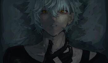 1boy bags_under_eyes black_gloves clothing_cutout commentary ear_piercing fate/grand_order fate_(series) glove_cutout gloves hair_between_eyes highres hyper_morimori kadoc_zemlupus looking_at_viewer lying male_focus on_back parted_lips piercing short_hair sketch solo tears teeth upper_body white_hair yellow_eyes