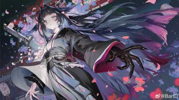 Rule 34 | 1girl, absurdres, architecture, arknights, bart. d, black hair, blue eyes, breasts, cherry blossoms, chest sarashi, cowboy shot, east asian architecture, falling petals, floating hair, flower, from below, hair flower, hair intakes, hair ornament, hair wings, highres, japanese clothes, medium breasts, mio (arknights), night, obi, obijime, outdoors, petals, sarashi, sash, single extra arm, solo, tachi (weapon), two-tone kimono, watermark, weibo username, weibo watermark