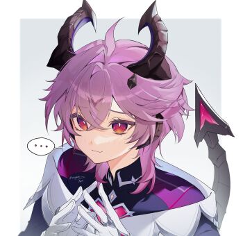 ... 1boy artist_name black_horns black_shirt black_tail blush closed_mouth crossed_bangs dragon_boy dragon_horns dragon_tail facial_mark forehead_mark genshin_impact gloves hair_between_eyes hashtag-only_commentary highres horns jacket looking_at_viewer male_focus mandarin_collar meoyami mini_durin_(genshin_impact) mini_durin_(human)_(genshin_impact) pink_hair red_eyes shirt solo spoken_ellipsis tail upper_body white_gloves