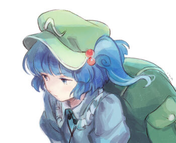 Rule 34 | 1girl, archived source, backpack, bag, blue eyes, blue hair, blue shirt, blunt bangs, closed mouth, collar, colored eyelashes, frilled collar, frills, green bag, green hat, hair bobbles, hair ornament, hat, iwamoto zerogo, kawashiro nitori, looking to the side, pocket, puffy sleeves, shirt, signature, solo, touhou, twintails, upper body, visor cap, white background