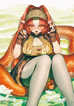 1girl :d absurdres arknights ascot black_gloves black_skirt breast_pocket breasts brown_hat brown_shirt collared_shirt fangs feet_out_of_frame fingerless_gloves giant giantess glasses gloves grey_pantyhose hat highres knees_up large_breasts long_hair miniskirt open_mouth orange_eyes orange_hair pantyhose pleated_skirt pocket pointy_ears red-framed_eyewear sanzuitaroh semi-rimless_eyewear shirt sitting skirt smile snake_girl snake_tail solo tail under-rim_eyewear v visor_cap white_ascot wulfenite_(arknights)