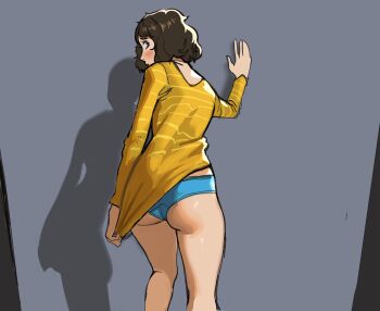 1girl ass blush brown_eyes brown_hair from_behind gluteal_fold kawakami_sadayo leaning looking_at_viewer looking_back medium_hair panties persona persona_5 simple_background solo sunbeam_(artist) underwear