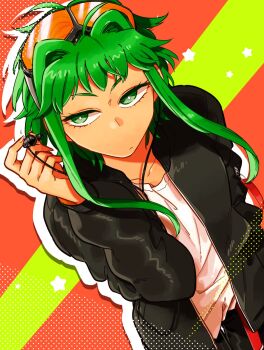 Rule 34 | 1girl, black jacket, closed mouth, commentary, earphones, eyelashes, goggles, goggles on head, green eyes, green hair, gumi, haru (oomr005), highres, holding, holding earphones, jacket, long sleeves, open clothes, open jacket, shirt, short hair with long locks, simple background, solo, star (symbol), vocaloid, white shirt
