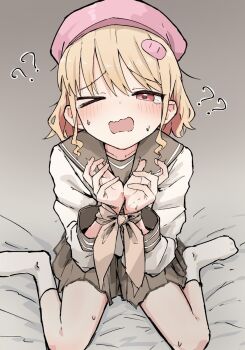 >_o 1girl ? ?? bed_sheet beret blonde_hair blush bound bound_wrists brown_sailor_collar brown_skirt commentary_request hair_ornament hat highres long_sleeves looking_at_viewer medium_hair neckerchief no_shoes on_bed one_eye_closed open_mouth original pink_hat pleated_skirt red_eyes sailor_collar school_uniform serafuku shirt sitting skirt socks solo sweat tied_up_(nonsexual) tonkotsu_frappuccino wariza wavy_mouth white_shirt white_socks