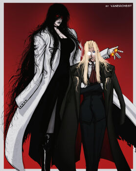 2girls albino alcohol alucard_(hellsing) black_dress black_hair blonde_hair blue_eyes boots breasts choker cigar circle cleavage_cutout clothing_cutout cross cup dress drinking_glass female_focus formal_clothes genderswap genderswap_(mtf) glasses gloves glowing glowing_eyes hair_over_eyes hellsing highres integra_fairbrook_wingates_hellsing integra_hellsing jacket jacket_on_shoulders large_breasts long_hair magic multiple_girls pale_skin pantaloons pentagram red_eyes smile smirk smug suit sunglasses tan thighhighs threatening vampire very_long_hair white_gloves wine wine_glass