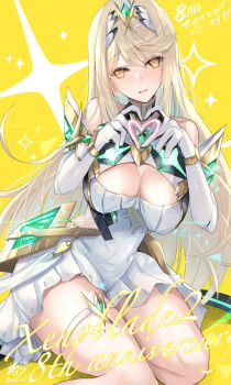 1girl anniversary bare_shoulders blonde_hair blush breasts chest_jewel cleavage commentary_request copyright_name core_crystal_(xenoblade) dress earrings heart heart_hands inoue_takuya_(tactactak) jewelry large_breasts microdress mythra_(xenoblade) simple_background solo sparkle tiara white_dress xenoblade_chronicles_(series) xenoblade_chronicles_2 yellow_background yellow_eyes