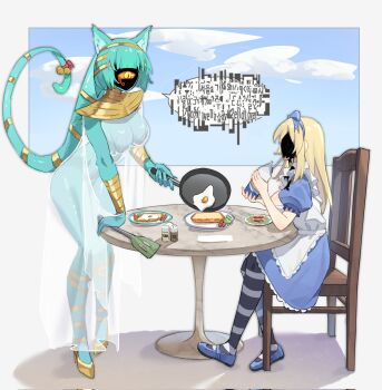 Rule 34 | 2girls, alice (black souls), ancient egyptian clothes, animal ears, aqua hair, aqua skin, armlet, black souls, black souls 2, blonde hair, blue bow, blue dress, bow, bread, bread slice, cat ears, cat tail, chushthu, colored skin, covered face, dress, eye of horus, food, fried egg, full body, gold footwear, hair bow, highres, jewelry, long hair, multiple girls, necklace, nipples, nyanlathotep, pantyhose, plate, puffy short sleeves, puffy sleeves, see-through clothes, short sleeves, sitting, spoilers, striped clothes, striped pantyhose, sucker for love, tail, tail ornament, tail ring, toast, very long hair