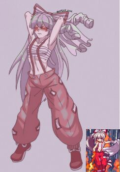 1girl armpits arms_up artist_name boots bow breasts commentary english_commentary frown fujiwara_no_mokou full_body glowing glowing_eyes hair_bow highres holding holding_unworn_clothes long_hair navel pants red_boots red_eyes red_pants reference_inset sarashi shirt solo standing suspenders touhou unworn_shirt white_hair white_shirt wriggi_poe