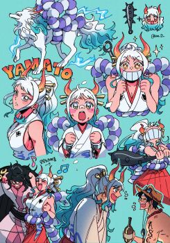 1girl 2boys ahoge alternate_form blue_background clenched_hands club club_(weapon) commentary_request earrings hakama highres hoop_earrings horns japanese_clothes jewelry kanabou kimono korean_commentary kouzuki_momonosuke multiple_boys multiple_views one_piece ponytail portgas_d._ace profile red_hakama rope shimenawa sidelocks sleeveless sleeveless_kimono smile sparkle topless_male twitter_username we_0 weapon white_kimono wide_sleeves wolf yamato_(one_piece)