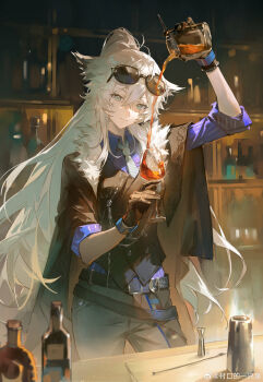 absurdres animal_ears arknights arm_up bar_(place) belt belt_buckle black_belt black_pants brown_gloves buckle closed_mouth counter cowboy_shot drink eyewear_on_head fur_trim gloves grey_eyes grey_necktie hair_between_eyes highres holding holding_drink lappland_(arknights) long_hair looking_at_viewer necktie pants pouring shelf smile standing sunglasses very_long_hair watermark weibo_watermark white_hair wolf_ears wolf_girl wu_tang_qishui_zhuanying_dian