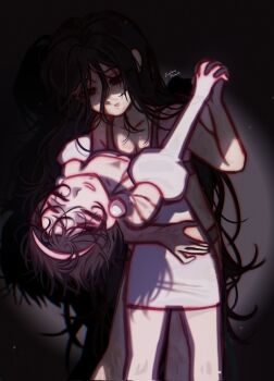 2girls alien_stage arm_around_back black_hair bra closed_eyes commentary dancing dress earrings english_commentary gloves grey_bra hair_visible_through_wig highres holding_hands jewelry juliet_sleeves long_hair long_sleeves mizi_(alien_stage) multiple_girls pink_hair pirasa_(everlandroads) puffy_sleeves signature smile sua_(alien_stage) underwear very_long_hair white_dress white_gloves wig yuri