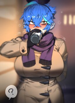 1girl ? alcohol bandage_on_face bandages beer beer_can blue_hair blush breasts can dif_(difman) difman drink_can drinking earmuffs gloves green_eyes hair_ribbon highres large_breasts original pov ribbon scarf short_hair spoken_question_mark very_short_hair winter_clothes