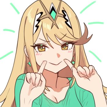 1girl absurdres blonde_hair blush breasts cleavage earrings ebora green_shirt highres jewelry large_breasts long_hair looking_at_viewer mythra_(xenoblade) shirt short_sleeves sidelocks smile solo swept_bangs tiara xenoblade_chronicles_(series) xenoblade_chronicles_2 yellow_eyes