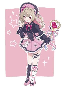 Rule 34 | 1girl, :3, ankle strap, asymmetrical legwear, belt, black belt, black bow, black capelet, black ribbon, black sleeves, black socks, blunt bangs, blush, bonnet, border, bow, bow legwear, brooch, buckle, buttons, capelet, chinstrap, colored inner hair, commentary request, dress, drill hair, fang, footwear bow, frilled bonnet, frilled capelet, frilled dress, frilled sleeves, frills, full body, grey hair, hair intakes, hair ornament, hair ribbon, heart, heart-shaped buckle, heart brooch, heart wand, highres, holding, holding wand, inuwanwan8, jewelry, long hair, long sleeves, magical girl, makaino ririmu, mismatched legwear, multicolored hair, multiple belts, neck ribbon, nijisanji, official alternate costume, official alternate hairstyle, open hand, open mouth, outline, outside border, petticoat, pink background, pink bow, pink dress, pink hair, pink ribbon, pink shoes, pink streaks, platform shoes, pointy ears, puffy long sleeves, puffy sleeves, red eyes, red ribbon, ribbon, shoes, sidelocks, smile, socks, solo, sparkle background, standing, star (symbol), star symbol background, streaked hair, two-tone hair, two side up, virtual youtuber, wand, waving, white border, white bow, white outline, white ribbon, white socks, winged heart, winged wand, x hair ornament