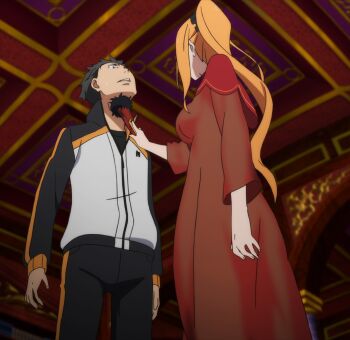 1boy 1girl anime_screenshot black_hair breasts dress highres long_hair natsuki_subaru orange_hair ponytail priscilla_barielle re:zero_kara_hajimeru_isekai_seikatsu short_hair stitched third-party_edit threatening track_suit