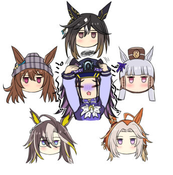 6+girls ahoge animal_ears beanie black_hair blunt_bangs brown_hair commentary_request dream_journey_(umamusume) ear_covers ears_through_headwear fenomeno_(umamusume) glasses gold_ship_(umamusume) grey_hair hair_between_eyes hat highres horse_ears horse_girl long_hair multicolored_hair multiple_girls nakayama_festa_(umamusume) orange_hair orfevre_(old_design)_(umamusume) orfevre_(umamusume) purple_eyes shikokuken_(mrykk24) stay_gold_(umamusume) stay_gold_clan_(umamusume) umamusume white_hair