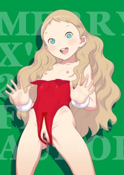 1girl :d aurore bar_censor blonde_hair blue_eyes breasts censored christmas clitoris collarbone female_focus gluteal_fold highres leotard loli long_hair looking_at_viewer nipples open_mouth original pussy red_leotard shadow small_breasts smile solo standing takatou_sora tampon teeth