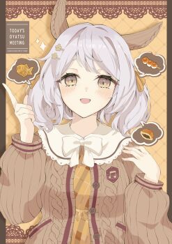 1girl animal_ears blush bow breasts brown_cardigan brown_eyes cardigan commentary_request dango ear_covers food grey_hair hair_ornament hairclip highres hishi_miracle_(happy_little_notes)_(umamusume) hishi_miracle_(umamusume) horse_ears horse_girl knit_sweater long_sleeves looking_at_viewer medium_hair mitarashi_dango musical_note open_cardigan open_clothes open_mouth plaid_clothes ri_cochet smile solo sparkle speech_bubble sweater taiyaki umamusume wagashi white_bow yellow_sweater