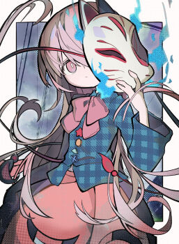1girl absurdres blue_fire blue_shirt bow bowtie buttons closed_mouth commentary cowboy_shot expressionless fire fox_mask gingham_shirt hata_no_kokoro highres long_hair long_sleeves looking_at_viewer mask multicolored_buttons pink_bow pink_bowtie pink_eyes pink_hair pink_skirt shirt skirt solo soresaki touhou white_background