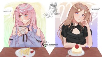 2girls @_@ bang_dream! bang_dream!_it&#039;s_mygo!!!!! bilingual_text black_shirt blue_eyes blush brown_hair chihaya_anon closed_mouth clothing_cutout commentary cup english_commentary food french_fries grey_eyes grey_shirt highres holding holding_cup long_hair mixed-language_text multiple_girls nagasaki_soyo nervous_sweating pink_hair puffy_short_sleeves puffy_sleeves shirt short_sleeves shoulder_cutout sweat yooru_(yooruverse) yuri