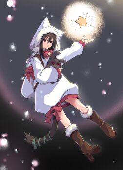 1girl backpack bag black_boots black_hair blue_eyes boots cat_girl cat_tail closed_mouth commentary_request floating full_body fur-trimmed_boots fur-trimmed_hood fur_trim high_heel_boots high_heels highres holding holding_stuffed_toy hood hood_up hooded_coat light_frown long_coat long_sleeves looking_at_viewer medium_hair night notice_lines original outdoors ribbon sack slit_pupils snowing solo star_(symbol) stuffed_animal stuffed_rabbit stuffed_toy tail tail_ornament tail_ribbon theta_(ponkotsu_works)