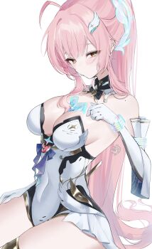 1girl absurdres aemeath_(wuthering_waves) blush breasts cleavage commentary covered_navel elbow_gloves gloves hair_ornament hand_on_own_thigh hand_up hashtag-only_commentary highres large_breasts leotard long_hair looking_at_viewer pink_hair showgirl_skirt simple_background skirt solo suyosuyo tacet_mark_(wuthering_waves) thighs white_background white_gloves white_leotard white_skirt wuthering_waves yellow_eyes