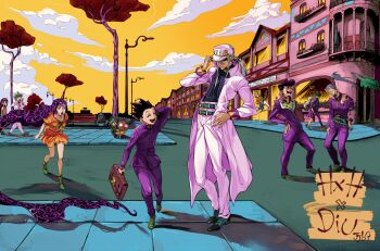 2girls 6+boys absurdly_long_hair adjusting_clothes adjusting_headwear alderion-al alluka_zoldyck arm_behind_head bag bench black_hair bookbag brother_and_sister building closed_eyes cloud cloudy_sky coat collarbone cosplay disembodied_hand facepalm forehead_jewel gakuran gon_freecss grey_hair guitar hairband hand_on_own_hip hat headband higashikata_josuke higashikata_jousuke_(cosplay) high_ponytail hirose_koichi hirose_kouichi_(cosplay) hood hoodie hunter_x_hunter ikalgo instrument jojo_no_kimyou_na_bouken jumping killua_zoldyck kishibe_rohan kishibe_rohan_(cosplay) kite_(hunter_x_hunter) knuckle_bine komugi komugi_(hunter_x_hunter) kuujou_joutarou kuujou_joutarou_(cosplay) lamppost long_hair love_deluxe meryem midair motion_lines multiple_boys multiple_girls neferpitou nijimura_okuyasu nijimura_okuyasu_(cosplay) open_mouth palm_siberia pleated_skirt pompadour ponytail purple_hair road school_uniform serafuku shadow shaiapouf shoot_mcmahon siblings sidewalk sitting skirt sky smile spiked_hair stand_(jojo) storefront street sugimoto_reimi sugimoto_reimi_(cosplay) trap tree turtleneck very_long_hair white_hair yamagishi_yukako yamagishi_yukako_(cosplay) yellow_sky