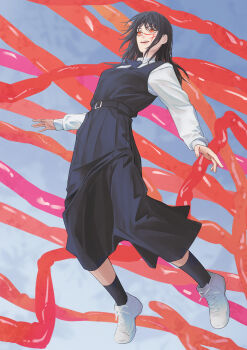 1girl absurdres black_dress black_hair black_socks chainsaw_man dress facial_scar highres intestines long_hair long_sleeves open_mouth pinafore_dress scar scar_on_cheek scar_on_face scar_on_nose sharkespeare shirt sleeveless sleeveless_dress socks solo white_shirt yoru_(chainsaw_man)