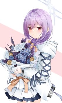 1girl absurdres atsuko_(blue_archive) blue_archive blue_flower blue_halo blush bouquet closed_mouth commentary_request flower hair_between_eyes halo highres holding holding_bouquet jacket kurota_kuroki long_hair looking_at_viewer purple_flower purple_hair red_eyes skirt smile solo white_flower white_jacket white_skirt