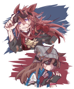 2girls animal_ears arm_up beer_hsk black_gloves black_jacket blue_jacket brown_hair cropped_torso dirty dirty_clothes dirty_face fingerless_gloves gloves goggles hair_between_eyes highres hood hood_down hoodie horse_ears jacket long_hair multiple_girls nakayama_festa_(umamusume) open_clothes open_jacket orfevre_(old_design)_(umamusume) purple_eyes red_hoodie sweater_vest umamusume upper_body