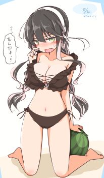 1girl bikini black_bikini black_hair braid breasts commentary_request criss-cross_straps curse_(023) food frilled_bikini frills front-tie_bikini_top front-tie_top fruit hairband highres kantai_collection large_breasts long_hair looking_at_viewer low_twin_braids multicolored_hair naganami_(kancolle) naganami_kai_ni_(swimsuit)_(kancolle) pink_hair solo swimsuit translation_request twin_braids two-tone_hair watermelon wavy_hair white_background white_hairband