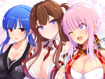 +_+ 3girls bare_shoulders betterthanbone2 blue_eyes blunt_bangs braid breasts brown_hair checkered_clothes chinese_knot cleavage closed_mouth detached_collar detached_sleeves earrings flower-shaped_pupils bad_tag frontless_outfit hair_ornament hair_rings hairpin highres japanese_clothes jewelry large_breasts looking_at_another mismatched_earrings mizuki_(senran_kagura) multicolored_hair multiple_girls multiple_hairpins neck_tassel one_eye_closed open_mouth pink_hair pink_petals pink_pupils red_eyes revealing_clothes sekirei_(senran_kagura) senran_kagura senran_kagura_new_link sidelocks smile streaked_hair symbol-shaped_pupils tassel toki_(senran_kagura)