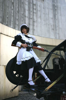 Rule 34 | car, dragunov svd, girls with guns, gun, gun sling, maid, maid headdress, motor vehicle, muzzle device, off-topic, on car, pantyhose, photo (medium), rifle, scope, sniper rifle, solo, spare tire, thumbhole stock, unused tire, weapon
