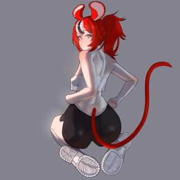1girl absurdres adjusting_clothes adjusting_shorts alternate_costume animal_ear_fluff animal_ears ass back black_hair black_streaks blue_eyes breasts clothes_pull commentary crop_top crop_top_overhang double-parted_bangs from_behind grey_background hair_between_eyes hakos_baelz highres hikamio hololive hololive_english kneeling looking_at_viewer looking_back mouse_ears mouse_tail multicolored_hair paid_reward_available ponytail pulling_own_clothes red_hair sagging_breasts see-through_silhouette shirt shoes shorts sideboob skin_tight tail virtual_youtuber white_hair white_shirt white_shoes