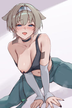 1girl absurdres areola_slip black_choker black_tank_top blonde_hair blue_eyes blush breasts choker cleavage cross cross_pasties e.c.ho goddess_of_victory:_nikke headband highres idol large_breasts looking_at_viewer mole mole_under_eye navel one_breast_out open_mouth pants pasties prika_(nikke) smile solo spread_legs sweat tank_top tongue tongue_out white_background white_headband