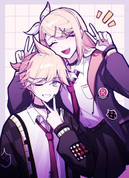 1boy 1girl :d ;d ^_^ absurdres art_waven belt black_belt black_cardigan black_choker black_jacket black_skirt blonde_hair blue_eyes border bow_hairband bright_pupils brother_and_sister brown_background buttons cardigan checkered_clothes choker chromatic_aberration closed_eyes collared_shirt commentary_request cowboy_shot double_v facing_viewer fang flipped_hair grey_border grid_background grin hair_between_eyes hair_ornament hairband hand_up hands_up highres hood hood_down hooded_jacket inward_w jacket kagamine_len kagamine_rin long_sleeves looking_at_viewer miniskirt nail_polish necktie one_eye_closed open_cardigan open_clothes open_jacket open_mouth orange_hood outside_border pleated_skirt ponytail project_sekai puffy_long_sleeves puffy_sleeves red_necktie shirt shirt_tucked_in short_hair short_ponytail siblings simple_background skirt smile spiked_belt spiked_choker spikes swept_bangs teeth tongue upper_body upper_teeth_only v very_short_hair vivid_bad_squad_len vivid_bad_squad_rin vocaloid w w_over_head white_hairband white_pupils white_shirt x_hair_ornament yellow_nails