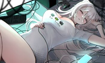 1girl absurdres animal_ear_piercing animal_ears black_choker black_eyes black_nails blush breasts cable cellphone choker cleavage commentary computer_keyboard controller feet_out_of_frame game_controller grey_hair hair_between_eyes half-closed_eyes hand_on_own_stomach highres hololive large_breasts lion_ears lion_girl lion_tail long_hair long_hair_between_eyes looking_at_viewer lying monitor nerorigogo official_alternate_costume official_alternate_hairstyle on_back parted_lips phone shirt shishiro_botan shishiro_botan_(midnight_convenience_store) short_sleeves smartphone solo tail thighs virtual_youtuber white_shirt