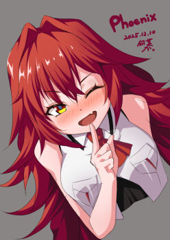 Rule 34 | 1girl, artist name, ascot, breasts, character name, commentary request, cropped torso, dated, fang, finger to mouth, index finger raised, kantai collection, kochipu, large breasts, messy hair, one eye closed, phoenix (kancolle), red ascot, red eyes, red hair, skin fang, sleeveless, sleeveless jacket, smile, solo, upper body
