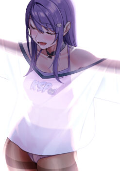 1girl absurdres black_choker blush breasts character_name choker cleavage closed_eyes collarbone commentary crop_top fang hair_ornament highres ksp_(vtuber) long_hair long_sidelocks medium_breasts meridian_project off-shoulder_shirt off_shoulder open_mouth outstretched_arms oversized_clothes oversized_shirt panties pantyhose parted_bangs purple_hair purple_panties ryoyu_(ryoyustarlight) see-through_clothes see-through_pantyhose see-through_shirt shirt side_part sidelocks simple_background skin_fang solo spread_arms standing thong thong_panties underwear virtual_youtuber white_background white_shirt