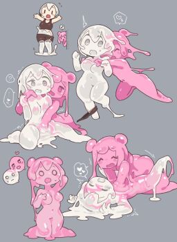 2girls ass breasts closed_eyes fusion grey_background heart merging_bodies monster_girl monsterification multiple_girls musical_note no_nipples nude o_o open_mouth original peeking_out sakamoto_ahiru sequential short_hair simple_background slime_girl spoken_heart spoken_musical_note transformation yuri