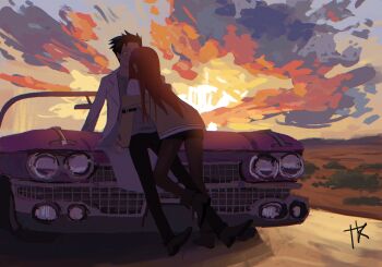 Rule 34 | absurdres, black hair, black pants, brown jacket, brown pantyhose, car, from behind, grey shirt, highres, jacket, kiss, lab coat, long hair, makise kurisu, motor vehicle, off-shoulder jacket, off shoulder, okabe rintarou, on car, outdoors, pants, pantyhose, pink car, red hair, science adventure, shirt, short hair, sitting, steins;gate, twilight, white shirt