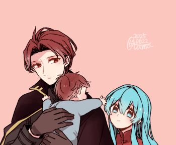 Rule 34 | 1boy, 1girl, 1other, 2025, aqua eyes, aqua hair, baby, black capelet, black shirt, capelet, carrying, carrying baby, carrying person, commentary request, eirika (fire emblem), family, fire emblem, fire emblem: the sacred stones, gloves, grey gloves, high collar, if they mated, long hair, long sleeves, looking at another, nintendo, parted bangs, pink background, red eyes, red hair, red shirt, sayu030b, seth (fire emblem), shirt, short hair, simple background