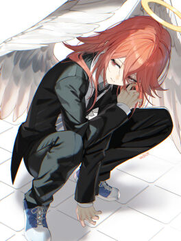 1boy androgynous angel angel_devil_(chainsaw_man) angel_wings black_jacket black_necktie black_pants black_suit blue_shoes chainsaw_man closed_mouth collared_shirt commentary expressionless eyelashes formal_clothes full_body hair_between_eyes halo jacket long_hair long_hair_between_eyes making-of_available necktie pants red_eyes red_hair scottie_(phantom2) shirt shoes signature simple_background sneakers solo squatting suit suit_jacket tile_floor tiles traditional_halo white_background white_shirt white_wings wing_collar wings