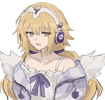 1girl angel_wings bare_shoulders blonde_hair chinese_commentary commentary dress fate/grand_order fate_(series) feathered_wings grey_background headphones highres jeanne_d&#039;arc_(fate) long_hair looking_at_viewer metatron_jeanne_(fate) metatron_jeanne_(second_ascension)_(fate) nekwnek off_shoulder open_mouth simple_background solo very_long_hair white_dress white_wings wings yellow_eyes