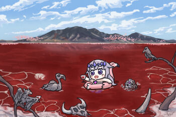 1girl 1other animal_skeleton bare_tree bat_(animal) bing_huyue bird blush_stickers chest_jewel chibi cloud cloudy_sky commentary cup dead_animal drinking_glass english_commentary flamingo floating gem gem_hair_ornament hair_flaps highres hololive hololive_english koseki_bijou lake lake_natron long_hair mountain open_mouth pebble_(koseki_bijou) purple_eyes purple_gem real_world_location red_water reflection reflective_liquid simple_bird skull sky swim_ring tanzania tiara tree very_long_hair virtual_youtuber wine_glass