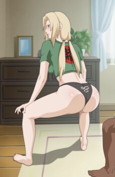 1boy 1girl absurdres ass barefoot blonde_hair blush breasts dark-skinned_male dark_skin eroticgeek2 feet highres lipstick long_hair makeup naruto_(series) naruto_shippuuden panties red_nails tsunade_(naruto) underwear