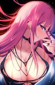 1girl breasts choker cleavage dark_background ear_piercing floating_hair hashtag-only_commentary hololive hololive_english jewelry large_breasts long_hair looking_at_viewer messy_hair mori_calliope necklace parted_lips piercing pink_eyes pink_hair ring sideways_glance smile solo sweat the0neulost torn_clothes virtual_youtuber