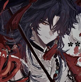 1boy beads blade_(honkai:_star_rail) closed_mouth commentary_request curtained_hair earrings flower hair_over_one_eye highres honkai:_star_rail honkai_(series) jacket jewelry long_hair looking_at_viewer male_focus mismatched_earrings mortenax_blade_(honkai:_star_rail) open_clothes open_jacket orange_eyes r1n_xdy simple_background tassel upper_body