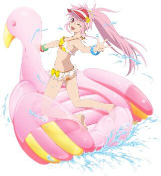 Rule 34 | 1girl, arche klein, arche klein (summer), ass, bikini, bow, bowtie, bracelet, earrings, feet, flamingo raft, flower, flower ornament, frilled bikini, frills, front-tie bikini top, front-tie top, game cg, hair ornament, hat, highres, inflatable flamingo, inflatable raft, jewelry, long hair, looking at viewer, looking back, multicolored bikini, official alternate costume, official art, one eye closed, open mouth, orange bikini, pink eyes, pink hair, ponytail, red visor, riding, solo, star (symbol), star earrings, star print, swimsuit, tales of (series), tales of asteria, tales of phantasia, transparent background, two-tone bikini, water, wide ponytail, yellow bikini, yellow bow, yellow bowtie